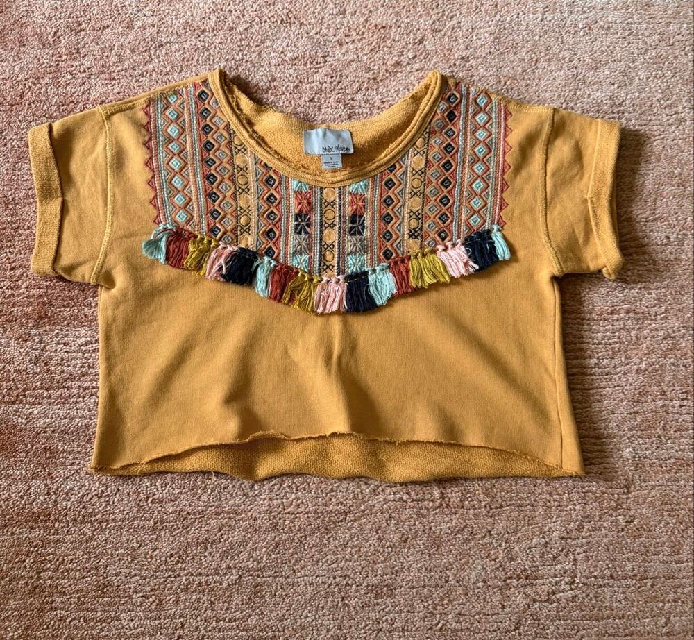 Anthropologie Mustard Gold Embroidered Tassel Cropped Tee Shirt Small Boho
